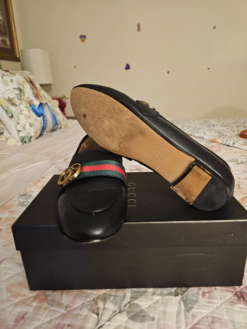 Gucci Black Leather Loafers with Green and Red Web and Gold Buckle - Picture 4 of 5